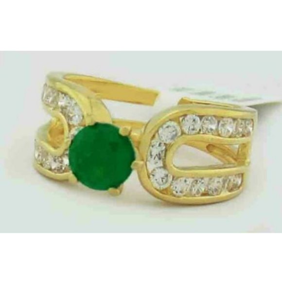 Genuine 0.75 Cts Emerald & White Sapphire Ring 14k Yellow Gold